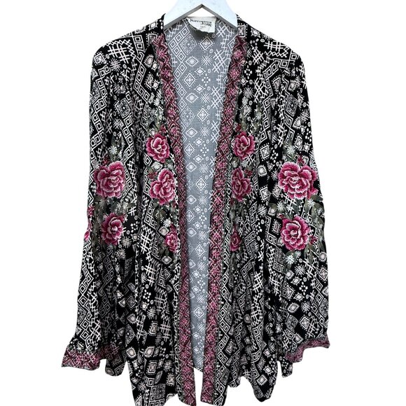 Savanna Jane Shrug Jacket Plus Size 2X Embroidered Black Print Rayon Boho Kimono - Picture 1 of 11